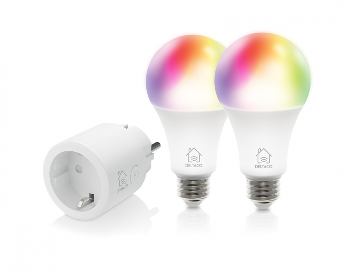 Deltaco Smart Home Starterkit, 2x RGB LED Light E27 + 1 Smart Plug