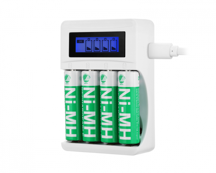 Deltaco USB Battery charger for 4xAA/AAA Ni-MH/Ni-Cd batteries, incl AA battery - White