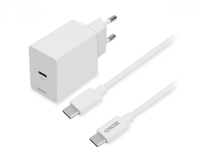 Deltaco USB-C PD Wall Charger 20 W incl USB-C Cable - White
