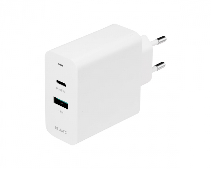 Deltaco USB Wall Charger 36 W, 1x USB-A, 1x USB-C PD - White