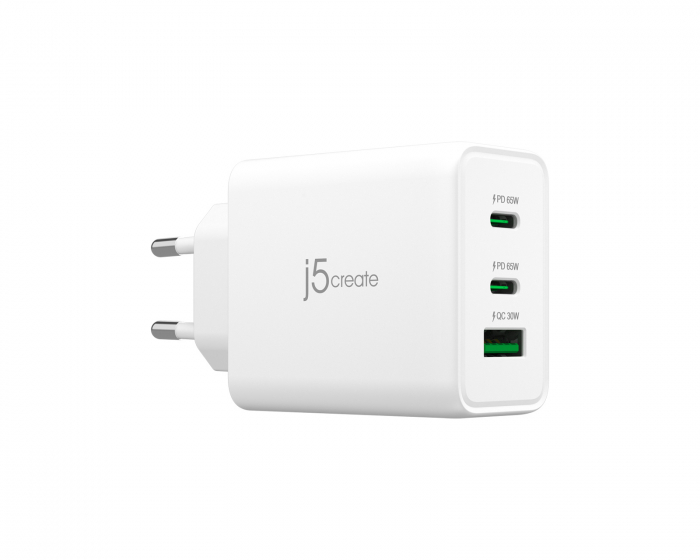 j5create Wall Charger GaN, 65 W, 2x USB-C, 1x USB-A, 3-Port Charger