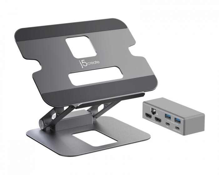 j5create Adjustable Laptop Stand in Aluminum with Dual HDMI 4K USB-C Mini Docking Station