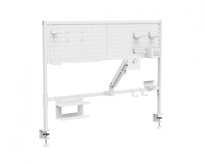MaxMount Clamp-On Multi-Purpose Pegboard Organizer Shelf with Monitor Arm - White