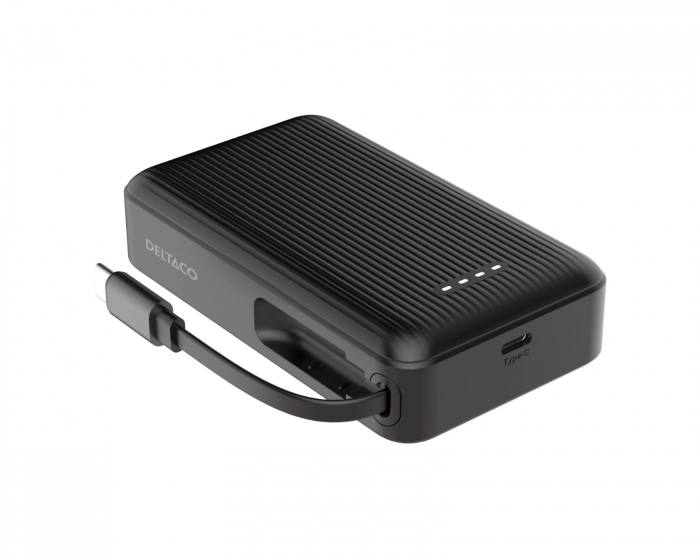 Deltaco 10 000 mAh Power bank, Retractable cable 90 cm - Black