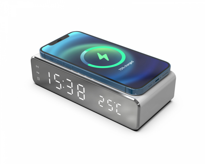 Gembird Digital Alarm Clock with Qi-charging Silver