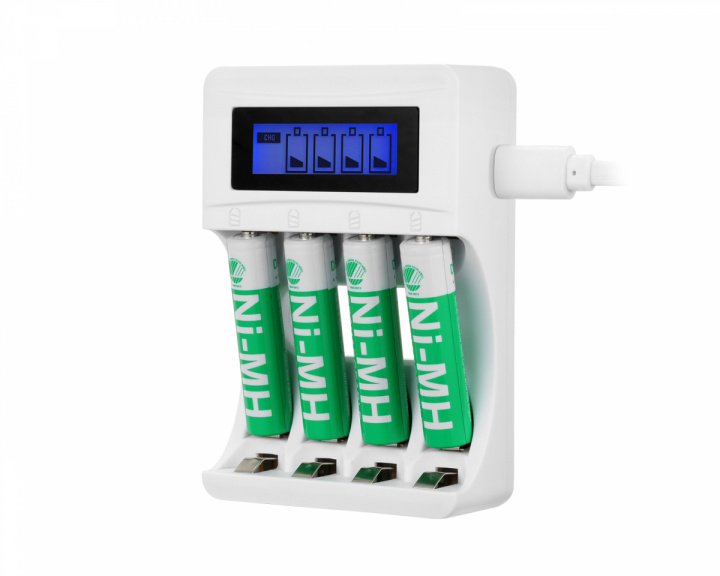 Deltaco USB Battery charger for 4xAA/AAA Ni-MH/Ni-Cd batteries, incl AAA battery - White