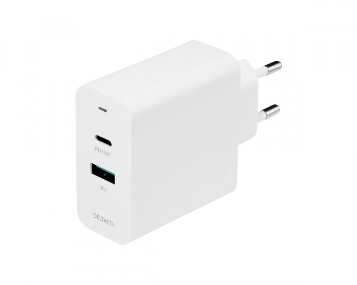 Deltaco USB Wall Charger 36 W, 1x USB-A, 1x USB-C PD - White