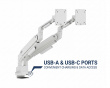 Gas Spring Monitor Arm with USB‑A & USB‑C Ports – Dual Monitors – White